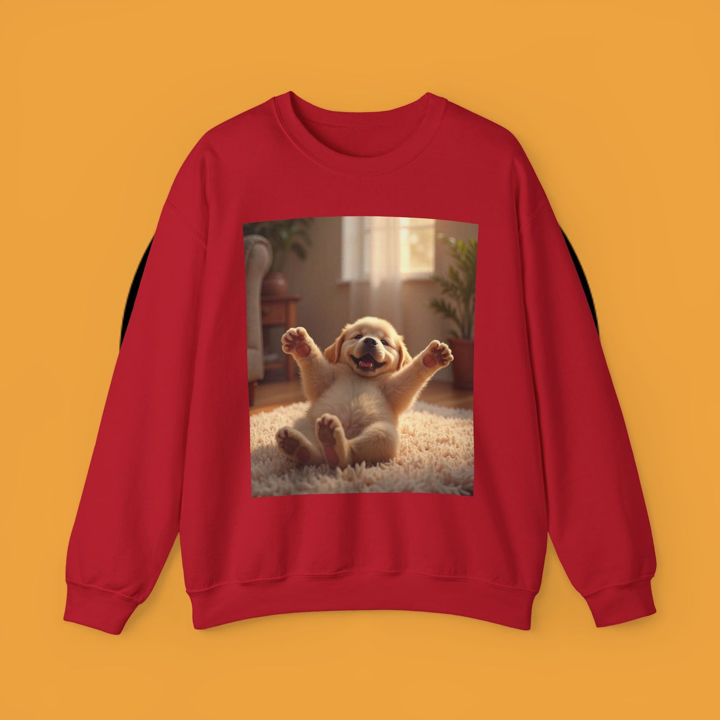Unisex Dog Lover Crewneck Sweatshirt - Joyful Paws: Yellow Lab Puppy Stretching on Plush Carpet
