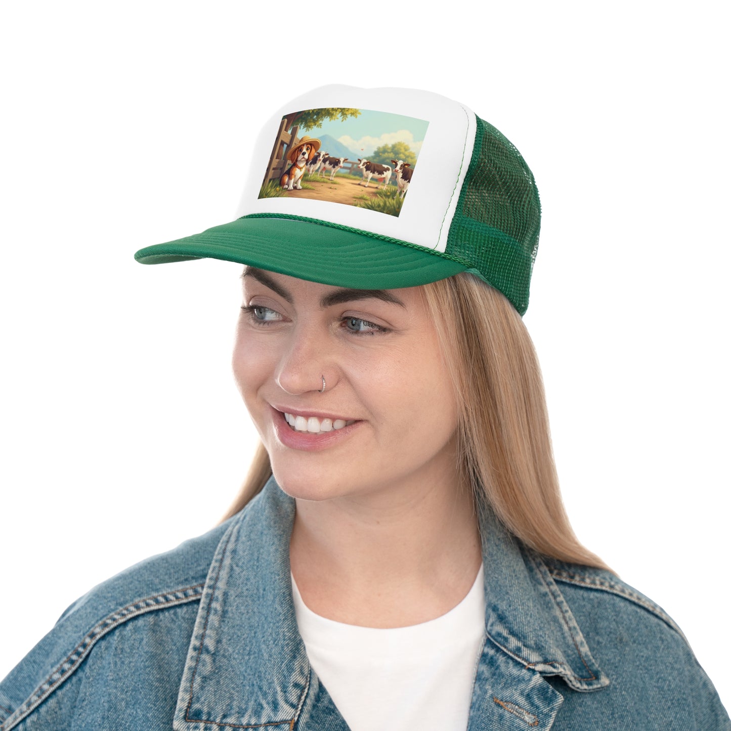 Farm Beagle with Straw Hat and Cows Trucker Hat - Country Dog Lover Cap - Adorable Dog Lover Unisex Cap