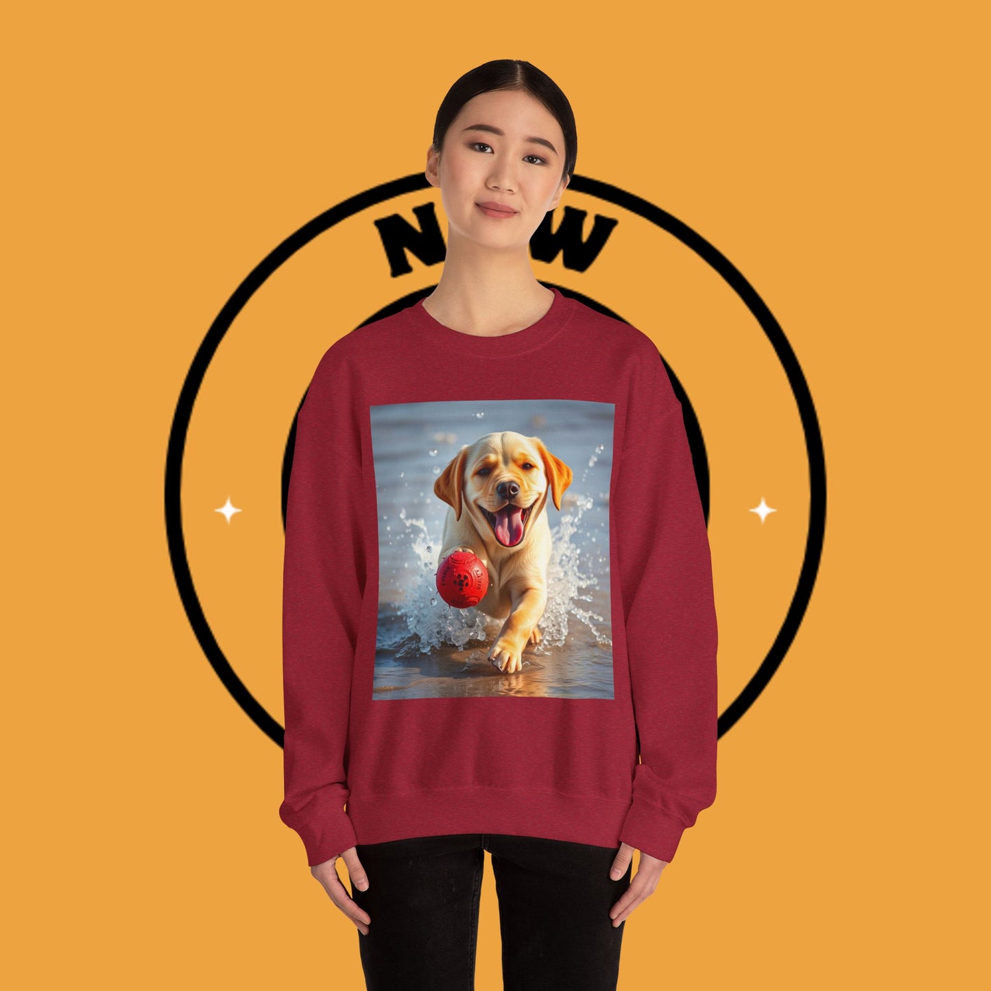 Unisex Dog Lover Crewneck Sweatshirt Labrador Puppy Playing with a Ball on the Beach - Photo of a Happy Dog Running in the Water