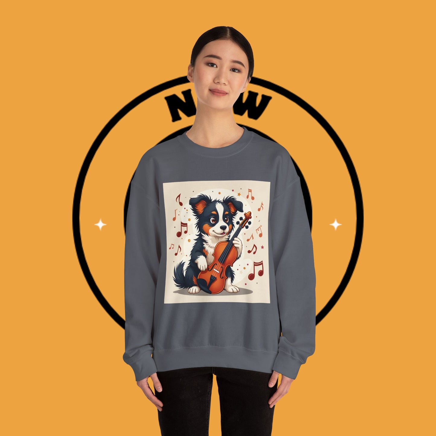 Music Dog Crewneck Sweatshirt - Cute Puppy Violinist with Musical Notes Design | Musician Gift