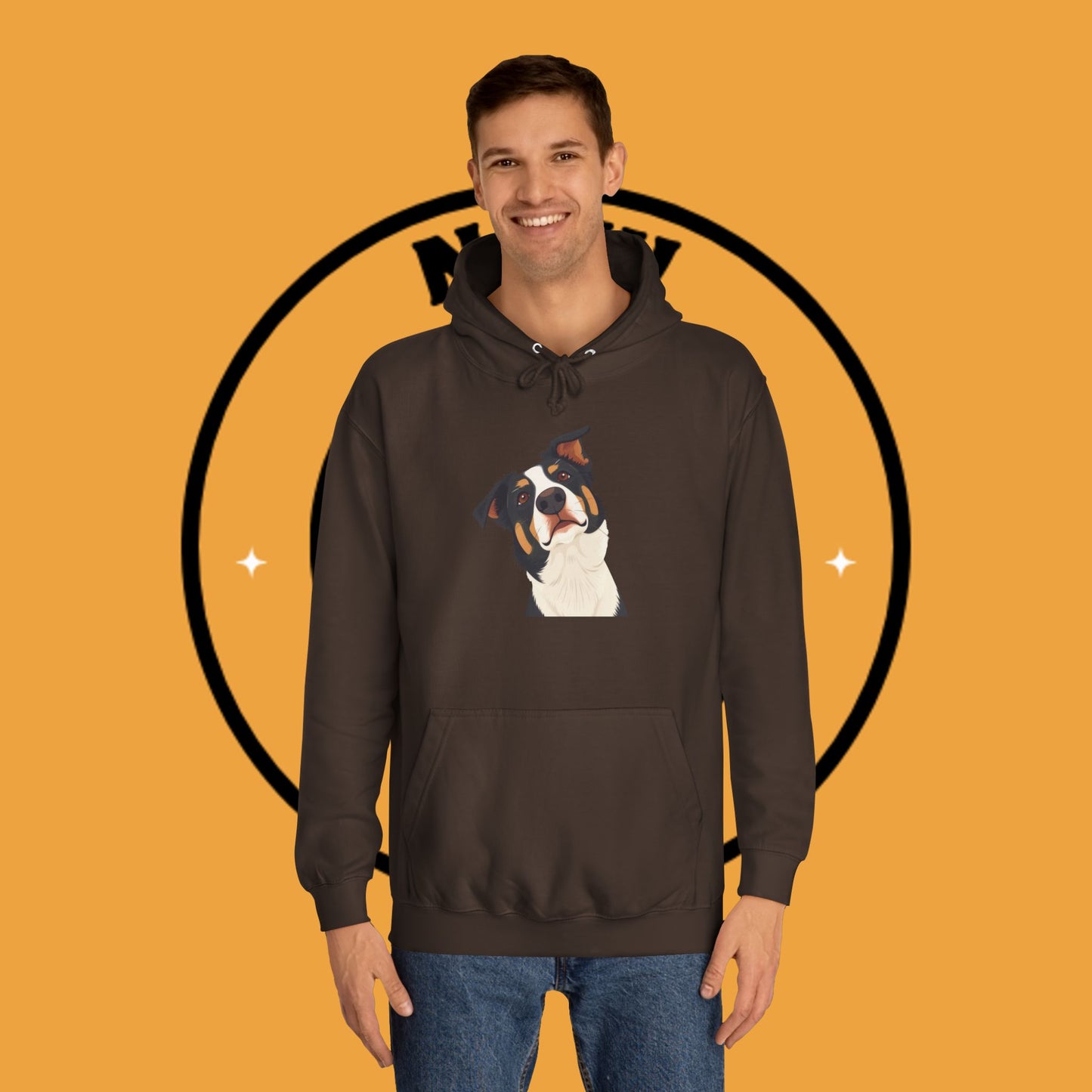 "Happy Border Collie Hoodie - Playful Cartoon Dog with Tilted Head Design | Cute Animal Streetwear"
