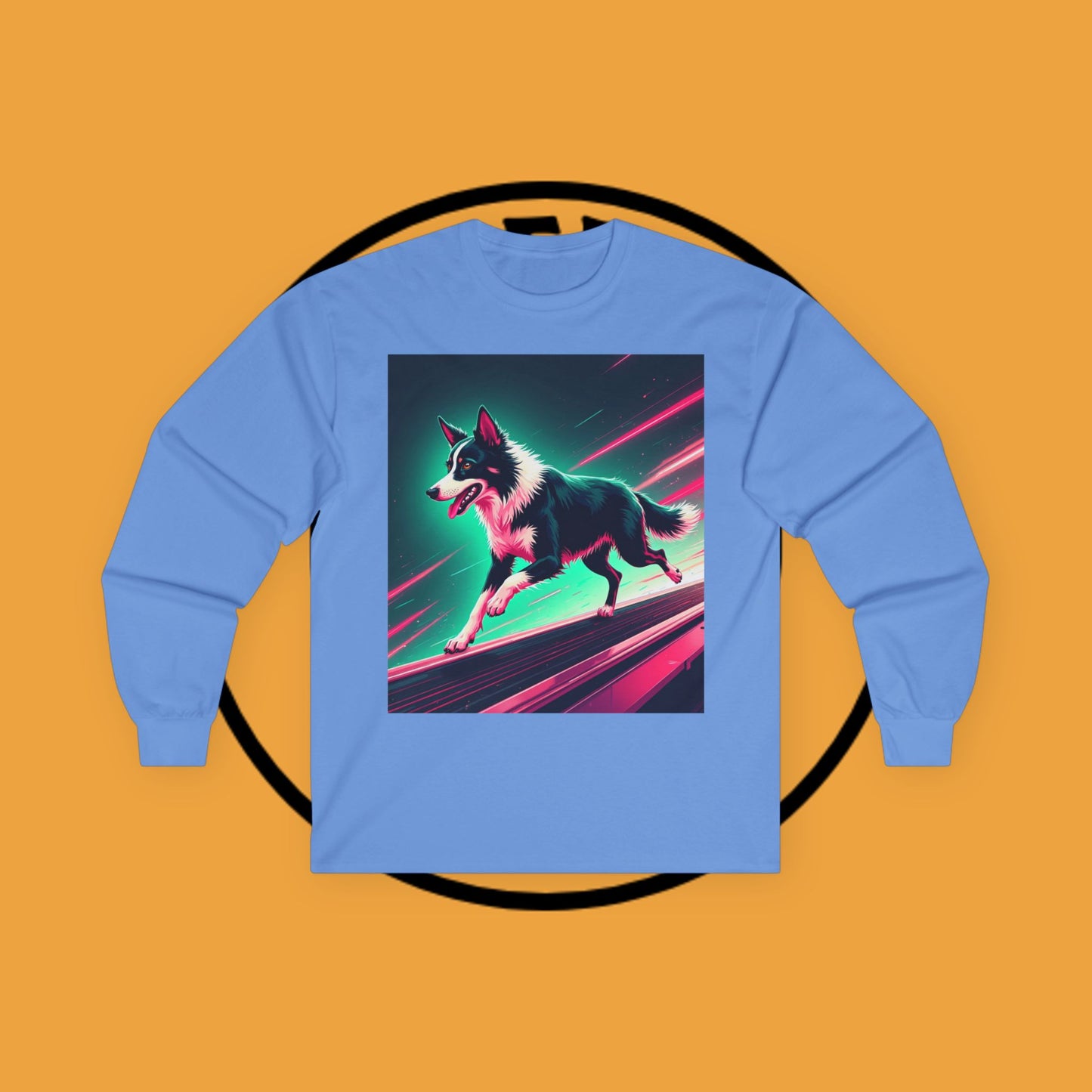 "Neon Speed Dog Long Sleeve Tee - Cyberpunk Running Border Collie Shirt - Futuristic Animal Art Apparel"