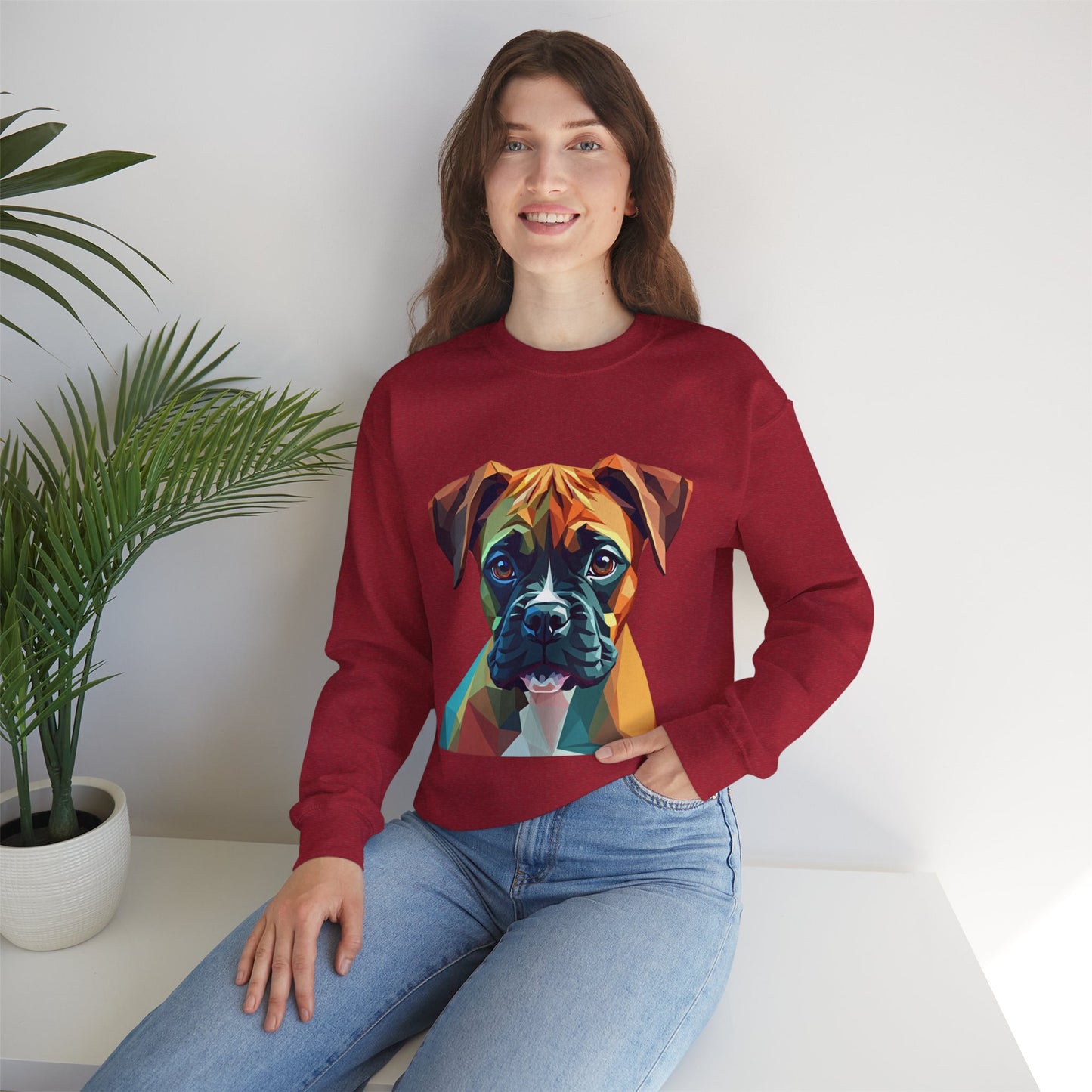 Geometric Boxer Dog Crewneck Sweatshirt - Polygon Art Pet Portrait - Modern Design Lover Gift