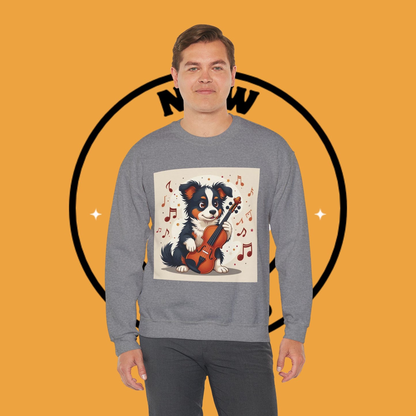 Music Dog Crewneck Sweatshirt - Cute Puppy Violinist with Musical Notes Design | Musician Gift