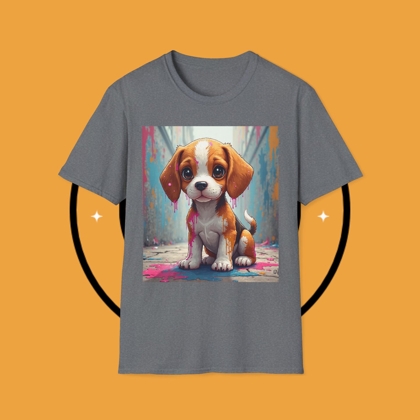 Beagle Street Art T-Shirt - Urban Paint Splatter Dog Design | Artistic Puppy Graffiti Tee for Creative Souls