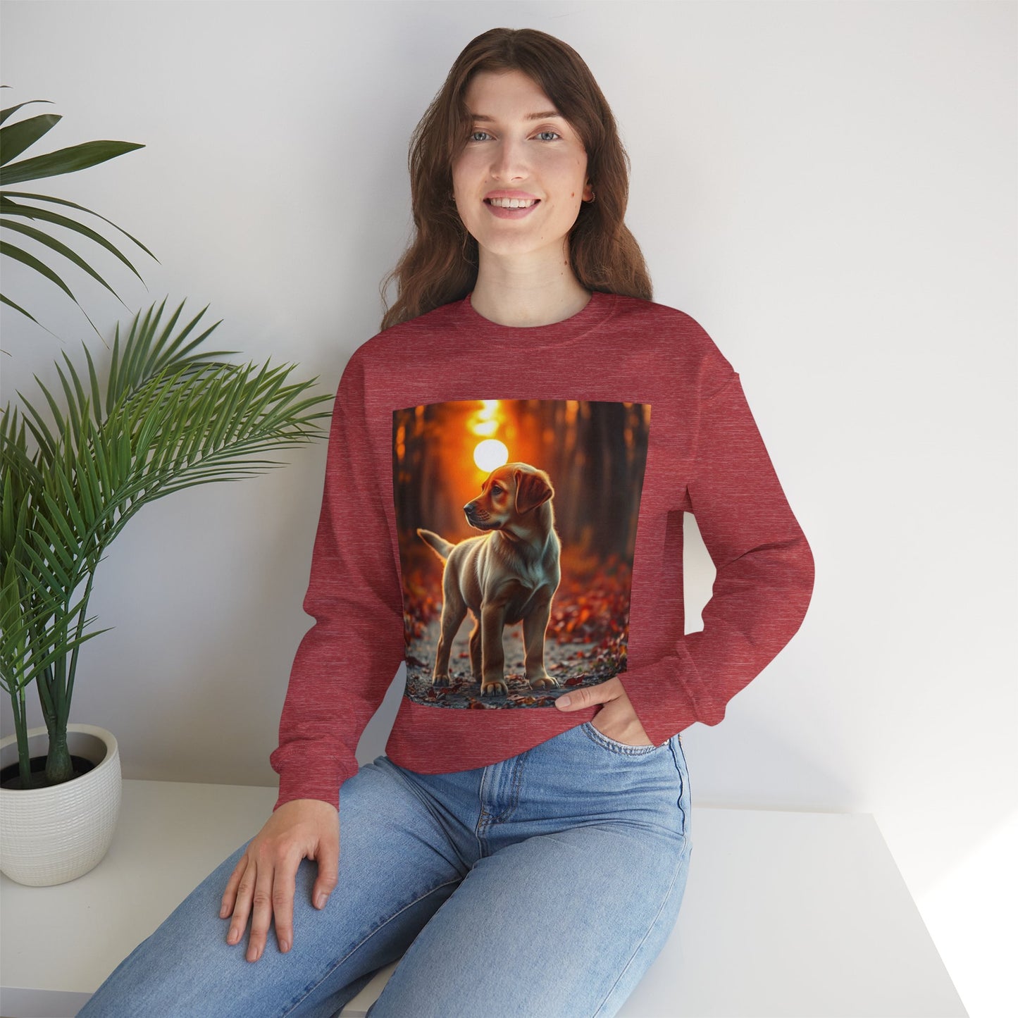 Crewneck Sweatshirt - Labrador Puppy in Autumn Forest with Golden Sunset Light Design