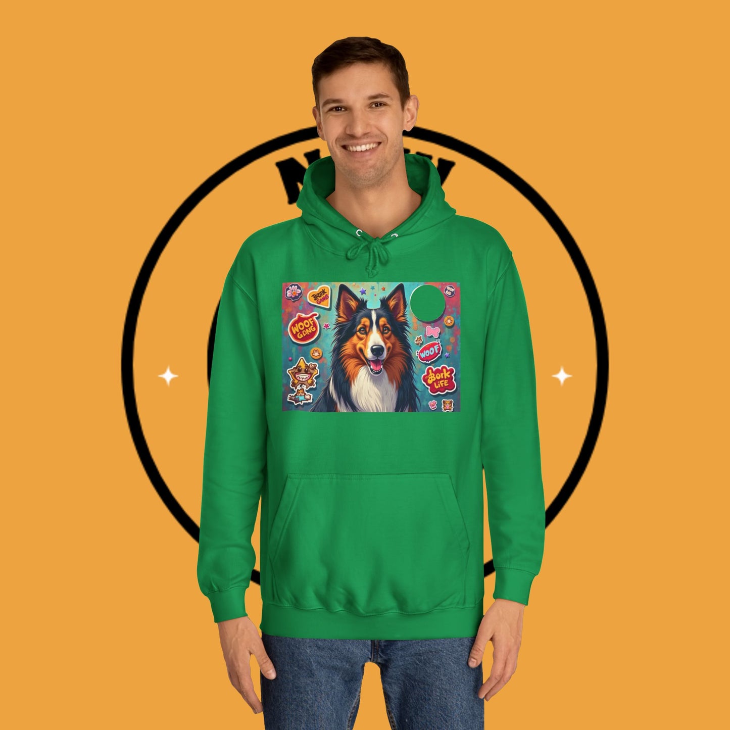 "Dog Sticker Pack Hoodie - Vibrant Collie with Fun Dog Patches Design | Millennial Pet Lover Streetwear"