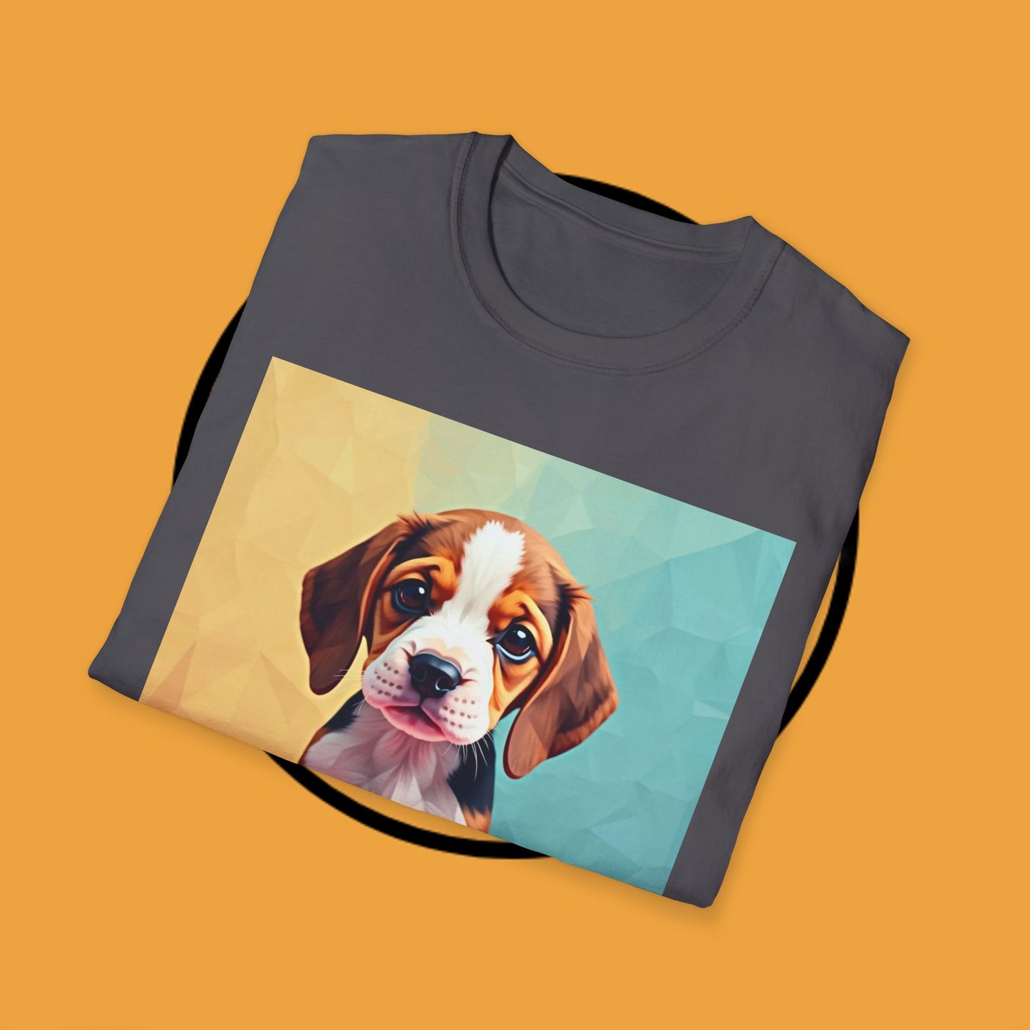 Modern Art Beagle Puppy T-Shirt - Geometric Low Poly Dog Design with Rainbow Background