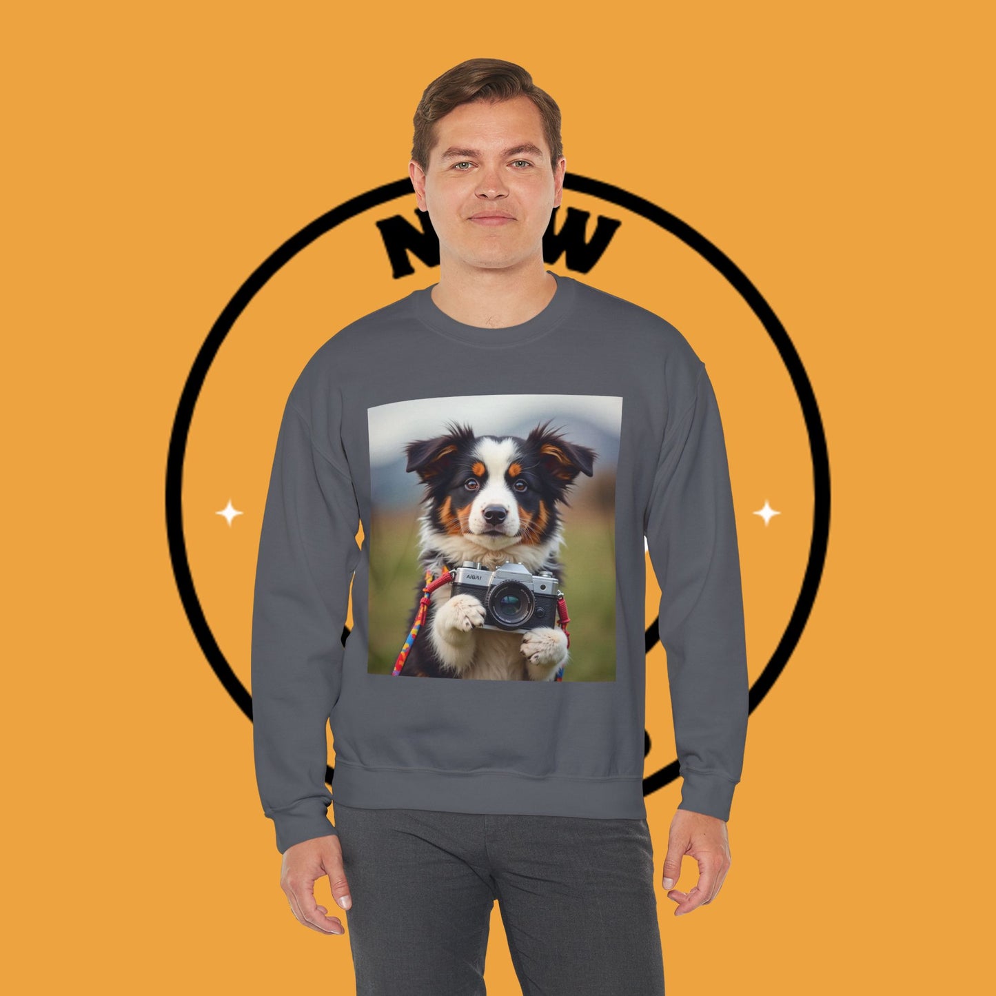 Photographer Dog Crewneck Sweatshirt - Cute Puppy with Vintage Camera Design | Photography Lover Gift