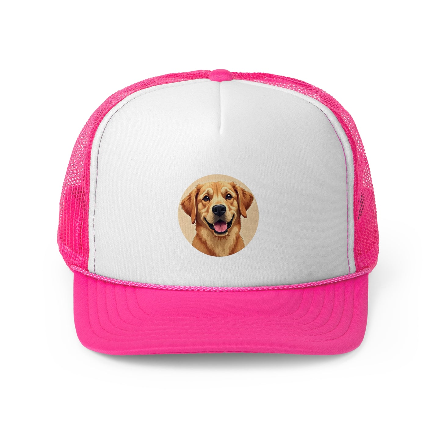 Happy Golden Retriever Trucker Cap - Circular Digital Illustration - Unisex Golden Cheerful Cap