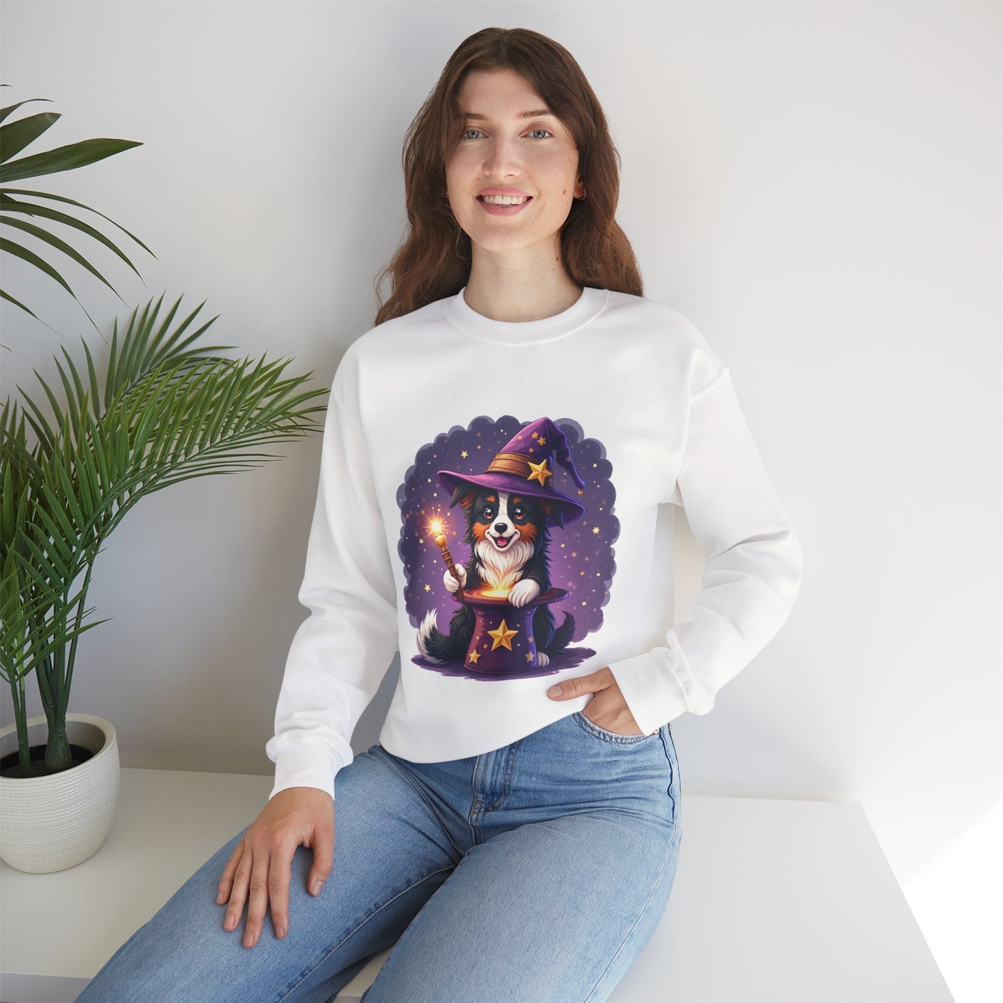 Magical Wizard Dog Crewneck Sweatshirt - Adorable Puppy Magician with Hat & Wand | Fantasy Pet Lover Gift Tee