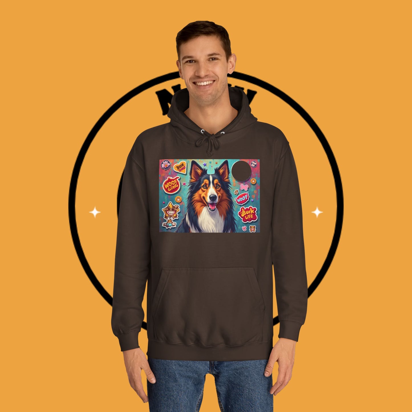 "Dog Sticker Pack Hoodie - Vibrant Collie with Fun Dog Patches Design | Millennial Pet Lover Streetwear"