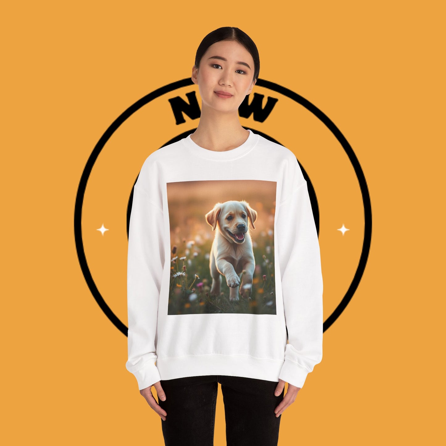 Unisex Dog Lover Crewneck Sweatshirt - Playful Labrador Puppy Running Through Wildflower Meadow