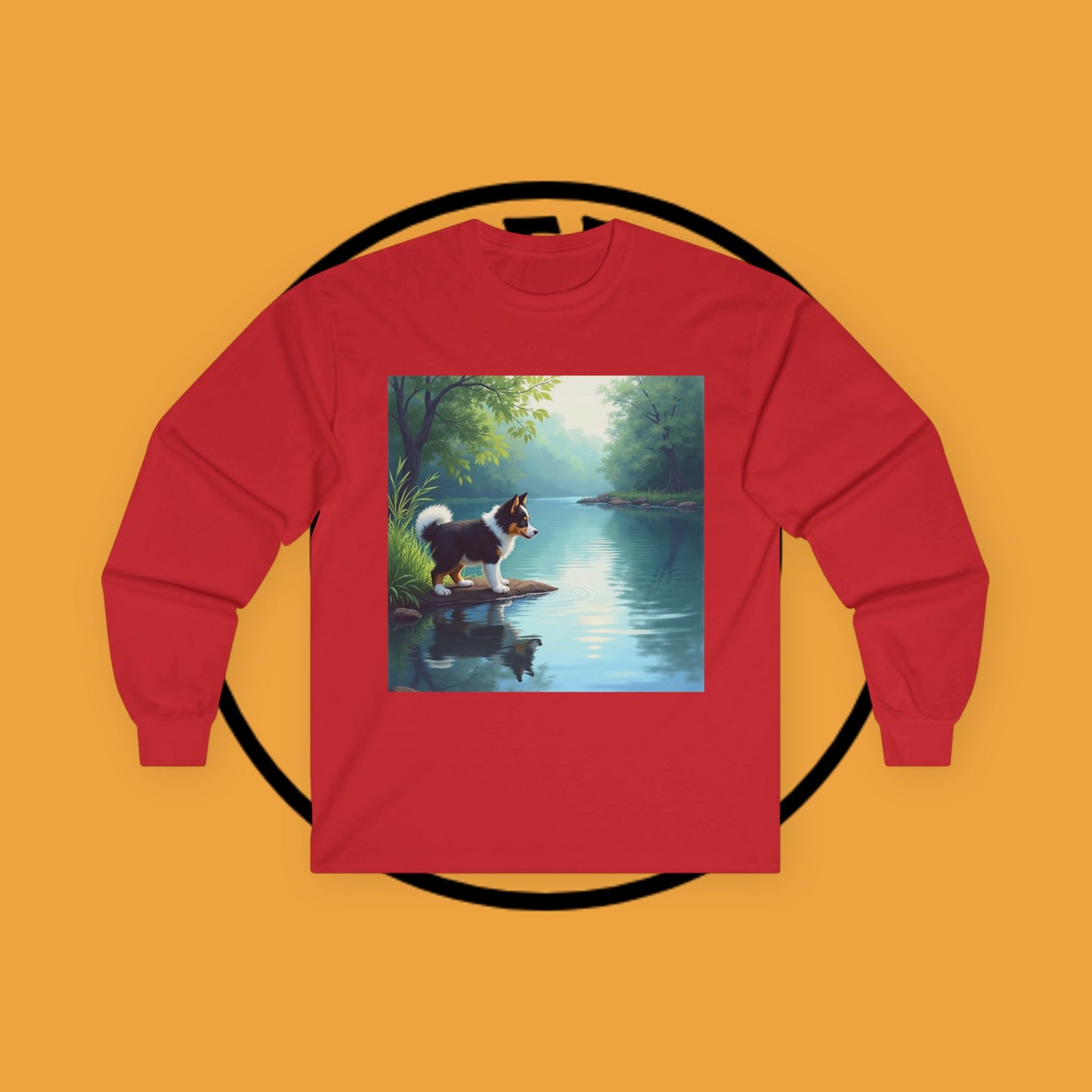 "Adorable Puppy by Tranquil Lake Long Sleeve Tee - Peaceful Nature Dog Art Shirt - Serene Landscape Apparel"