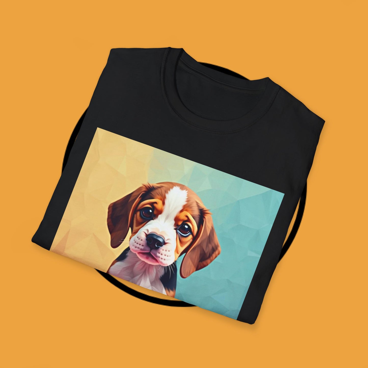 Modern Art Beagle Puppy T-Shirt - Geometric Low Poly Dog Design with Rainbow Background
