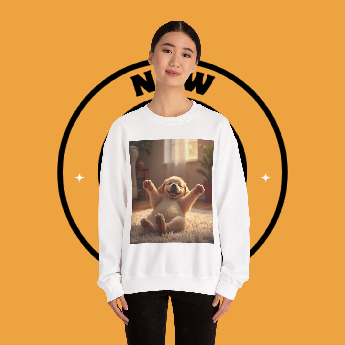 Unisex Dog Lover Crewneck Sweatshirt - Joyful Paws: Yellow Lab Puppy Stretching on Plush Carpet