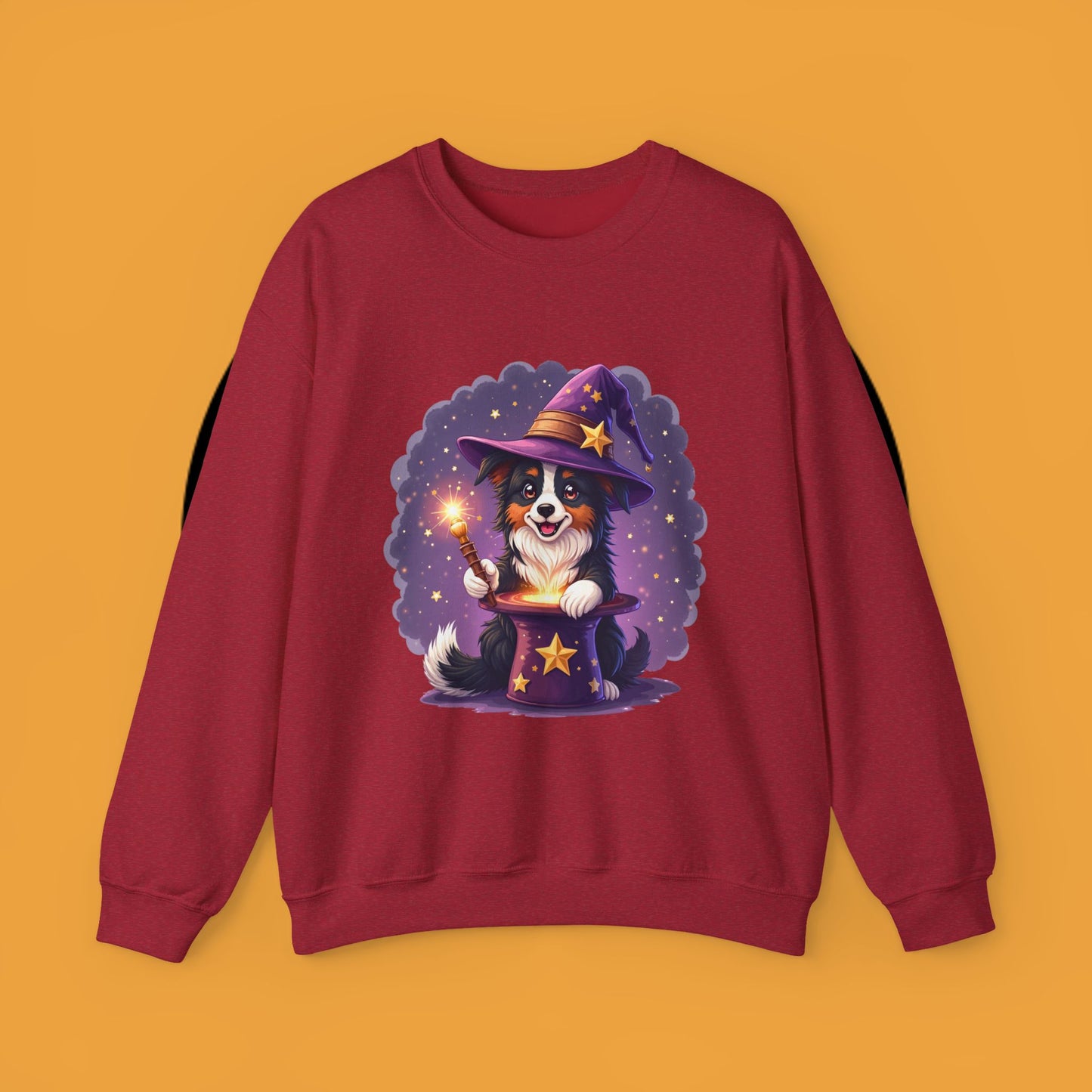 Magical Wizard Dog Crewneck Sweatshirt - Adorable Puppy Magician with Hat & Wand | Fantasy Pet Lover Gift Tee