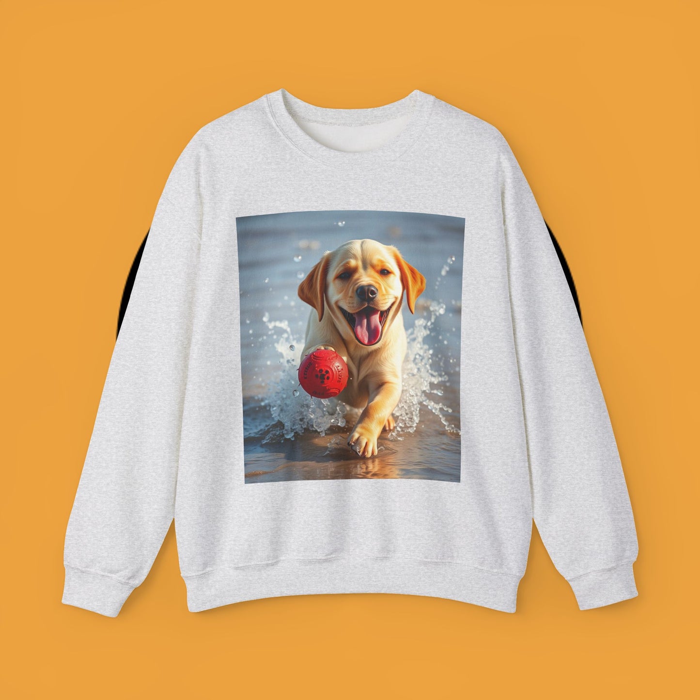 Unisex Dog Lover Crewneck Sweatshirt Labrador Puppy Playing with a Ball on the Beach - Photo of a Happy Dog Running in the Water