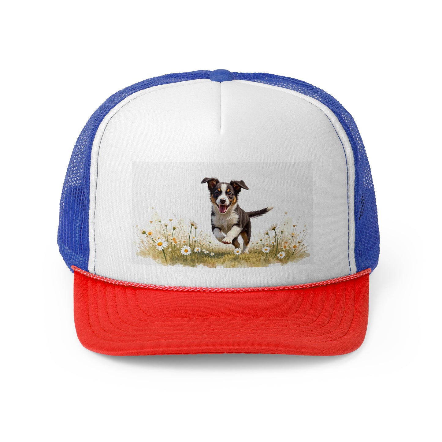 Happy Puppy in Daisies Trucker Hat - Joyful Dog Running Cap - Spring Meadow Baseball Hat