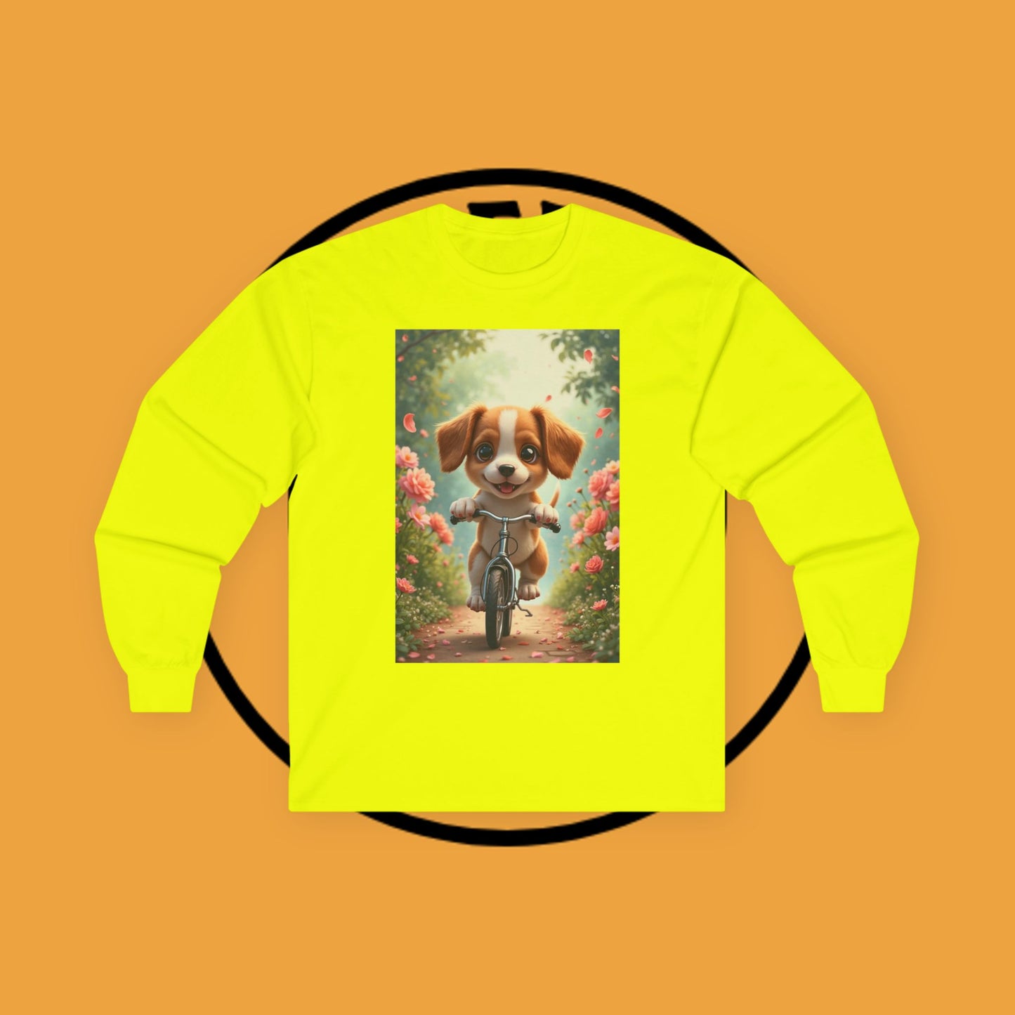 Happy Puppy Riding Bike Spring Flowers Long Sleeve Tee Gift