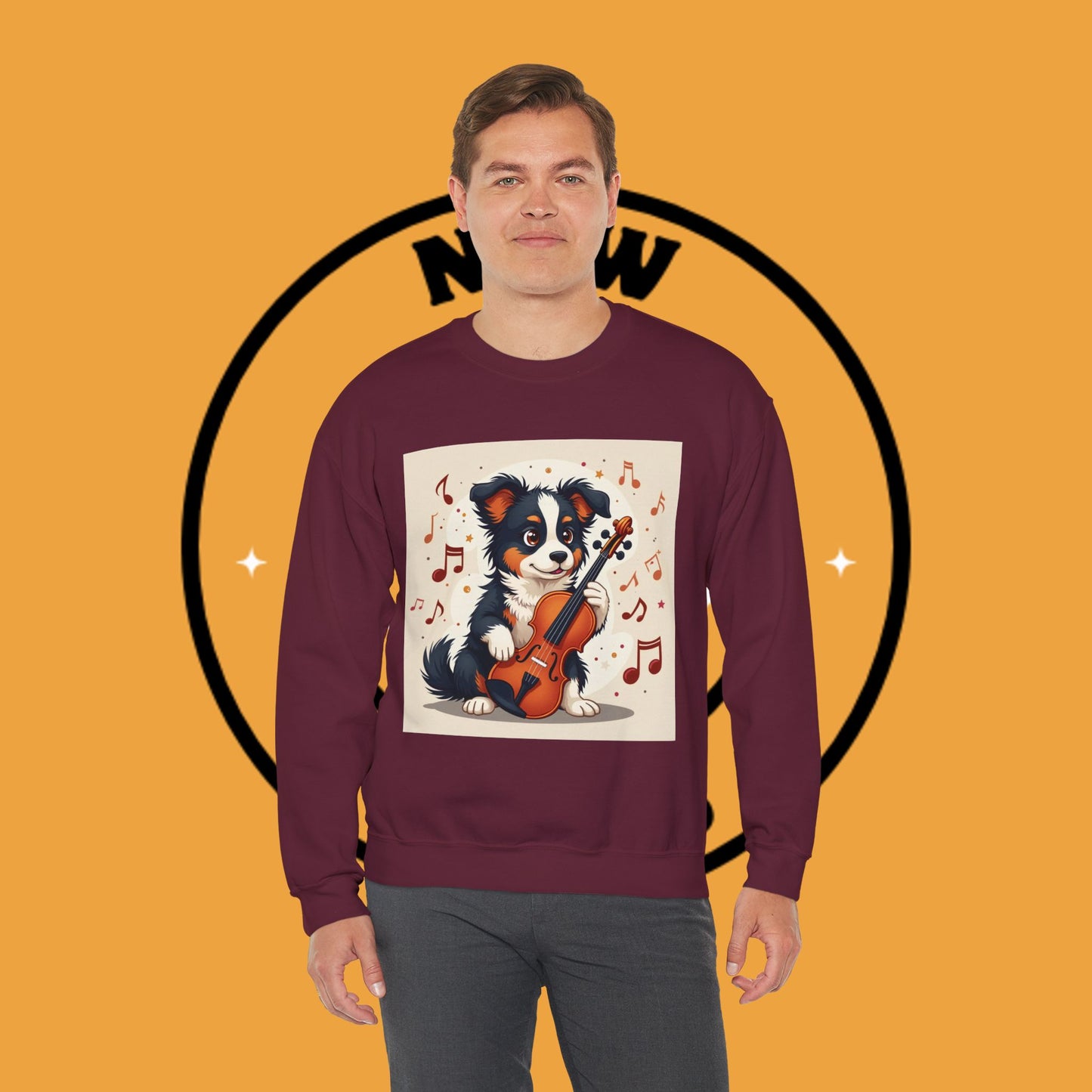 Music Dog Crewneck Sweatshirt - Cute Puppy Violinist with Musical Notes Design | Musician Gift