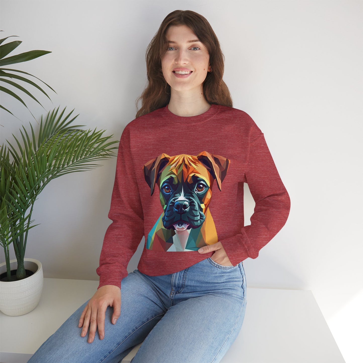 Geometric Boxer Dog Crewneck Sweatshirt - Polygon Art Pet Portrait - Modern Design Lover Gift