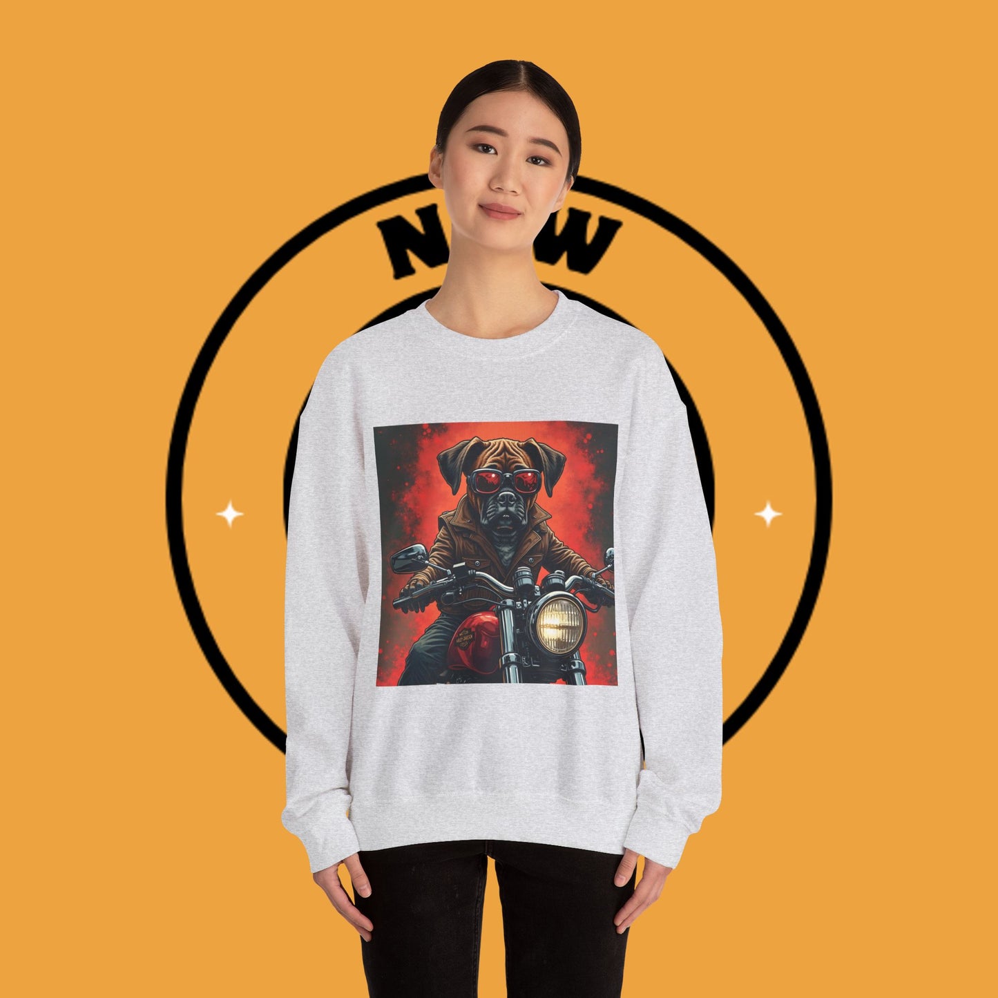 Biker Boxer Dog Crewneck Sweatshirt - Motorcycle Rebel Pup Design - Badass Pet Lover Style