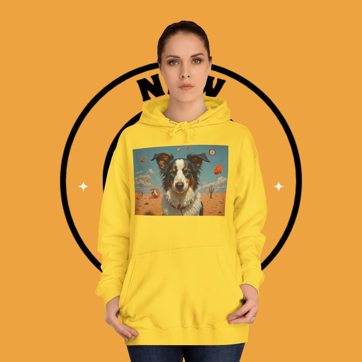 "Surreal Border Collie Time Desert Hoodie - Flying Clocks Artistic Dog Sweatshirt | Dreamlike Fantasy Design"