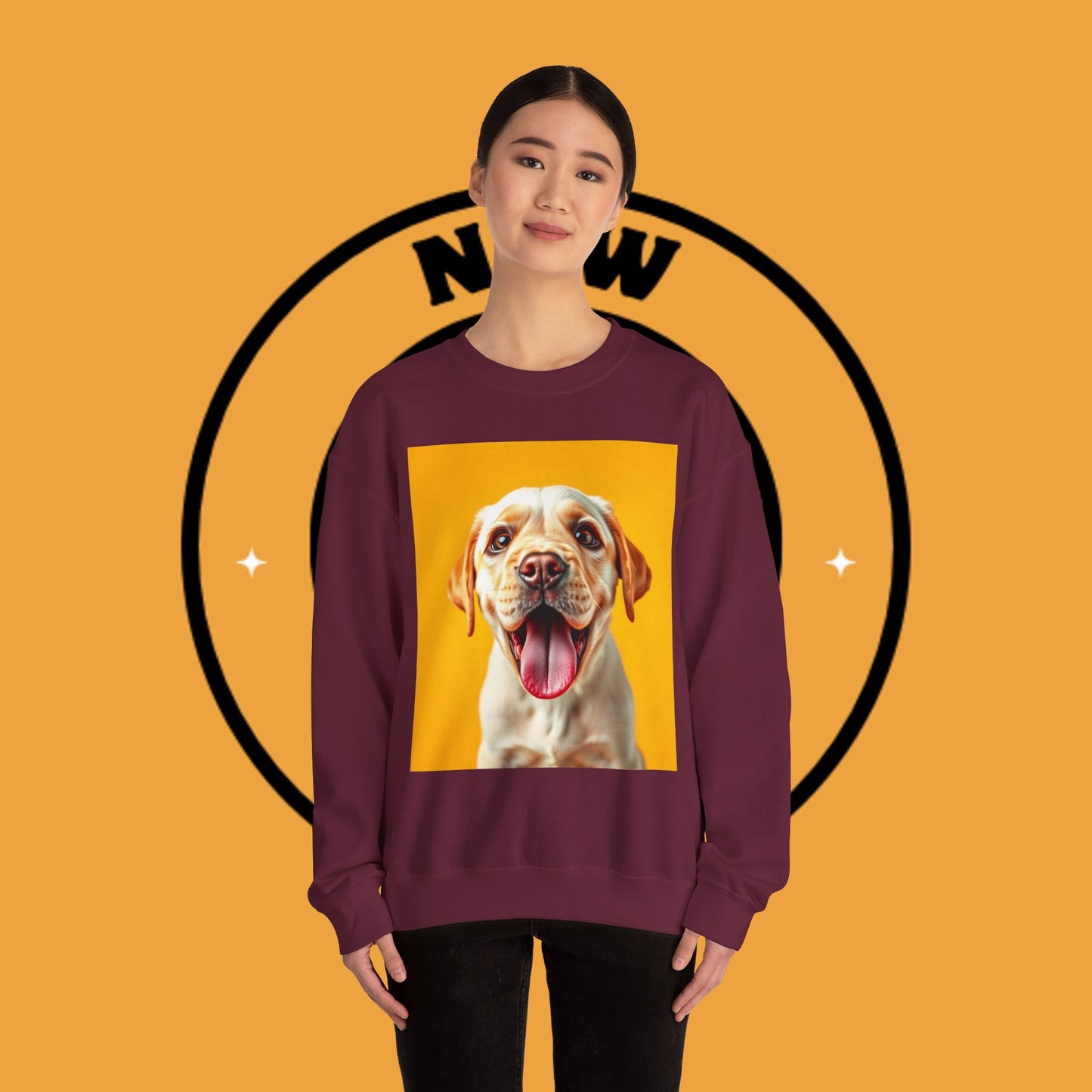 Unisex Dog Lover Crewneck Sweatshirt - Smiling Yellow Lab on vibrant yellow background