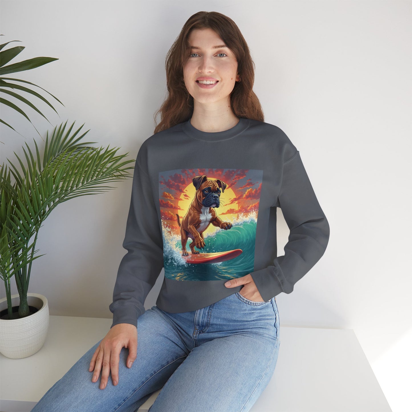 Surfing Boxer Dog Crewneck Sweatshirt | Funny Beach Surfer Gift | Epic Wave Riding Pup Design