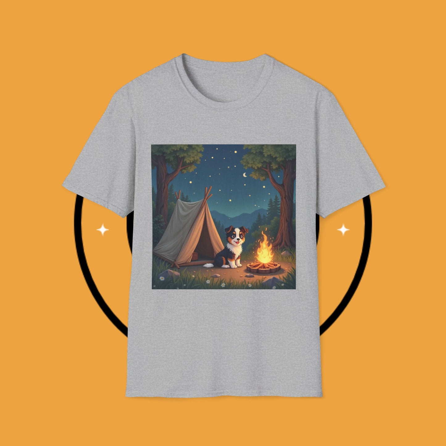 "Camping Adventure Border Collie" - Outdoor Adventure Dog T-Shirt - Border Collie Camping T-Shirt - Outdoor Adventure Dog Under Stars Tee | Nature Lover Pet Gift