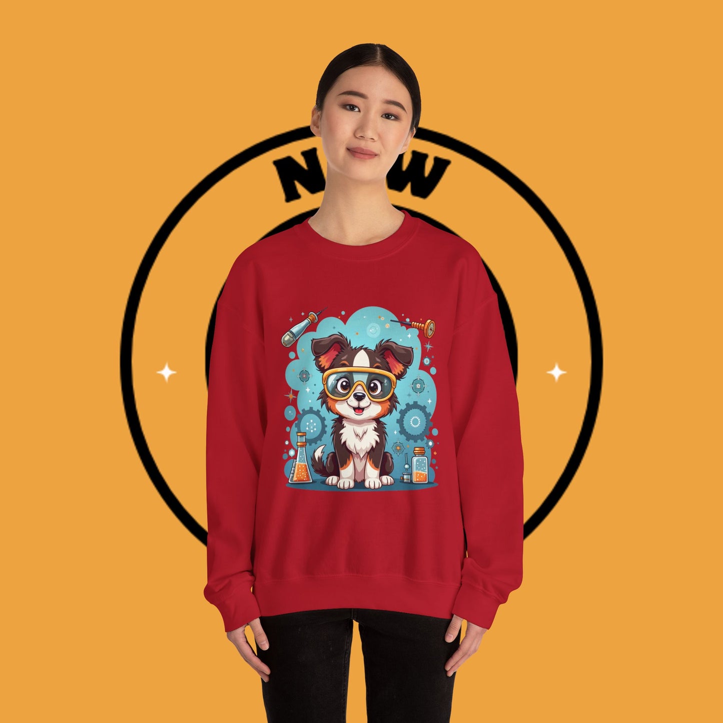 Science Dog Crewneck Sweatshirt - Cute Puppy Scientist with Lab Goggles Design | STEM Lover Gift
