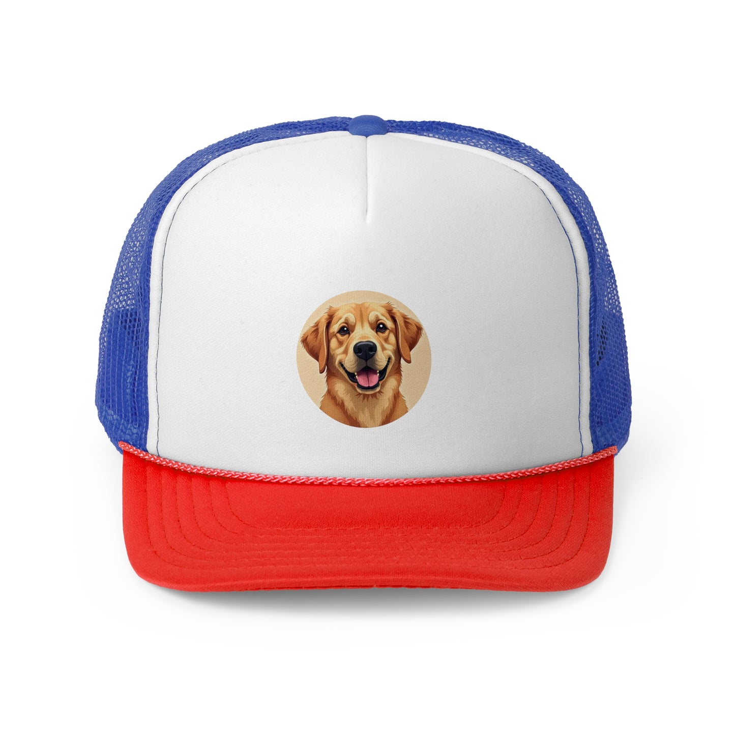 Happy Golden Retriever Trucker Cap - Circular Digital Illustration - Unisex Golden Cheerful Cap