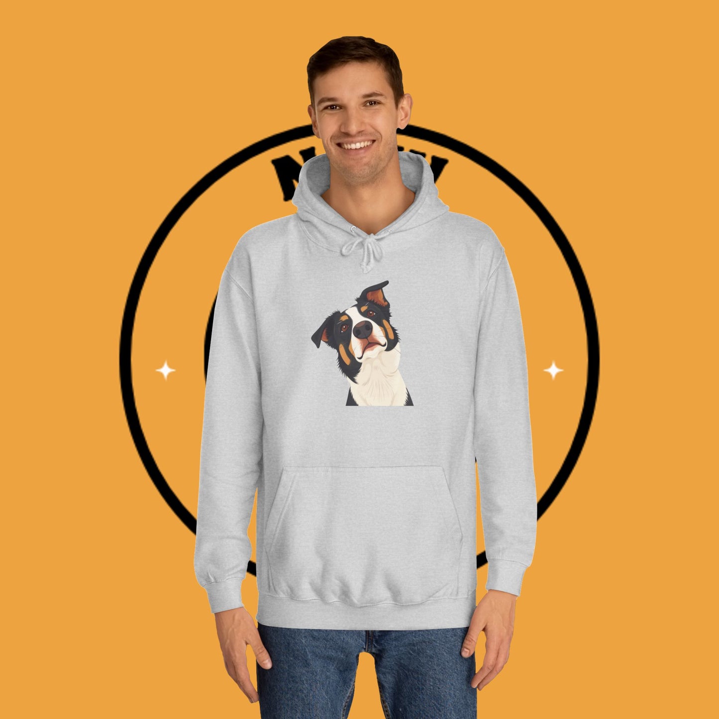 "Happy Border Collie Hoodie - Playful Cartoon Dog with Tilted Head Design | Cute Animal Streetwear"