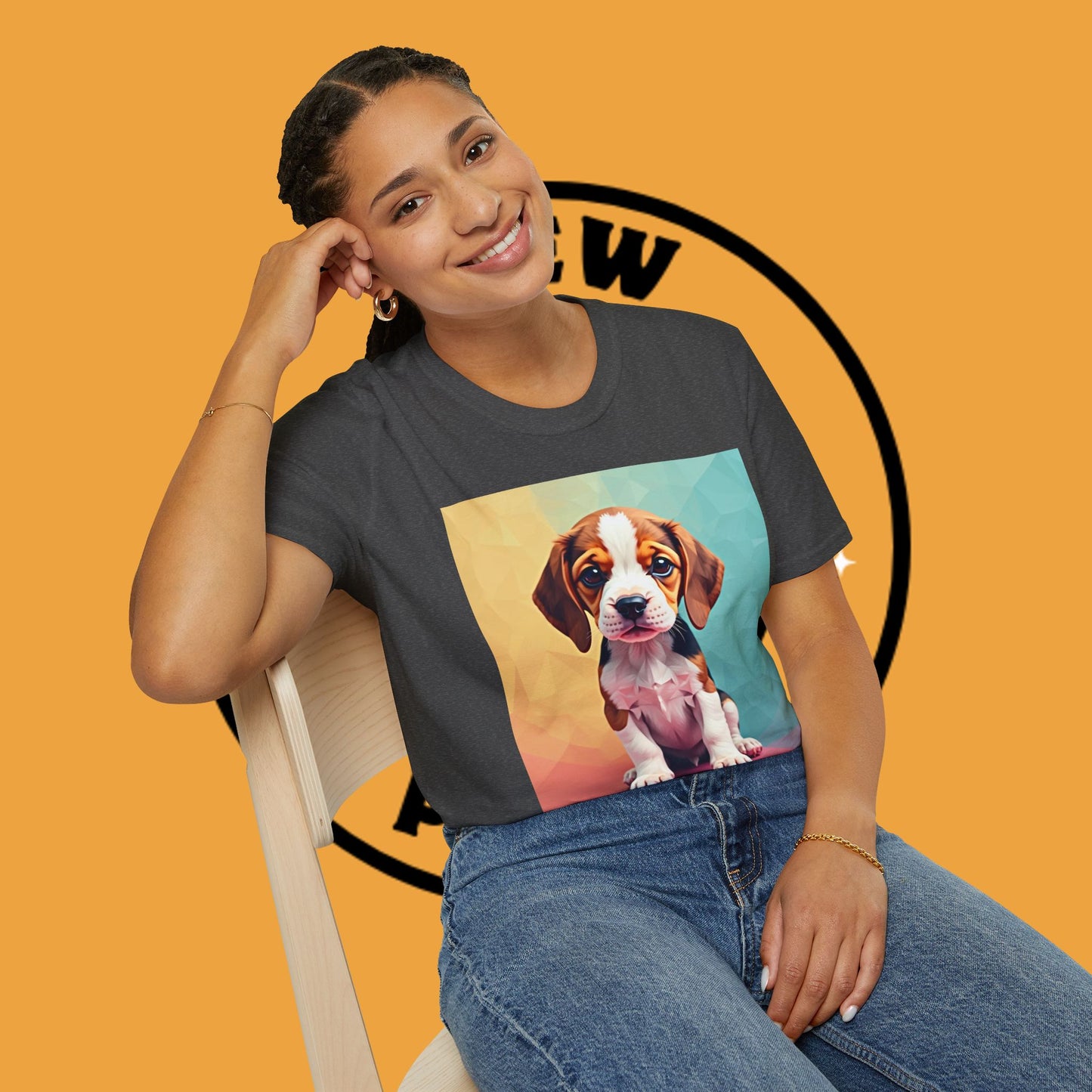 Modern Art Beagle Puppy T-Shirt - Geometric Low Poly Dog Design with Rainbow Background