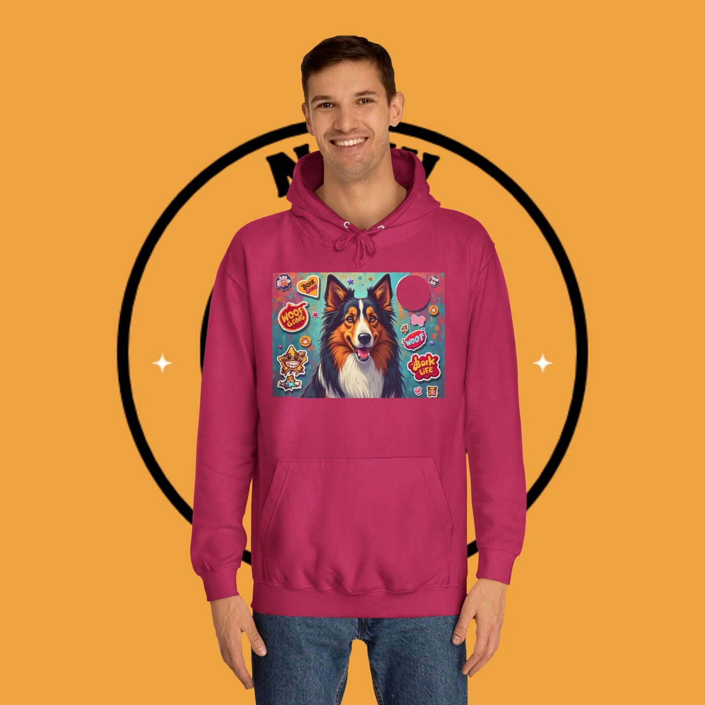 "Dog Sticker Pack Hoodie - Vibrant Collie with Fun Dog Patches Design | Millennial Pet Lover Streetwear"