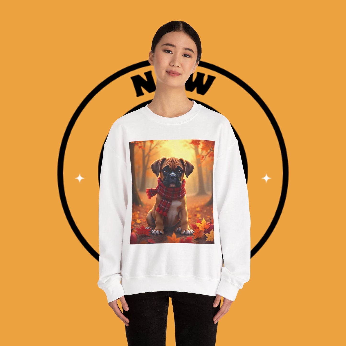 Cute Boxer Puppy Autumn Crewneck Sweatshirt | Fall Dog Lover Gift | Cozy Plaid Scarf Design