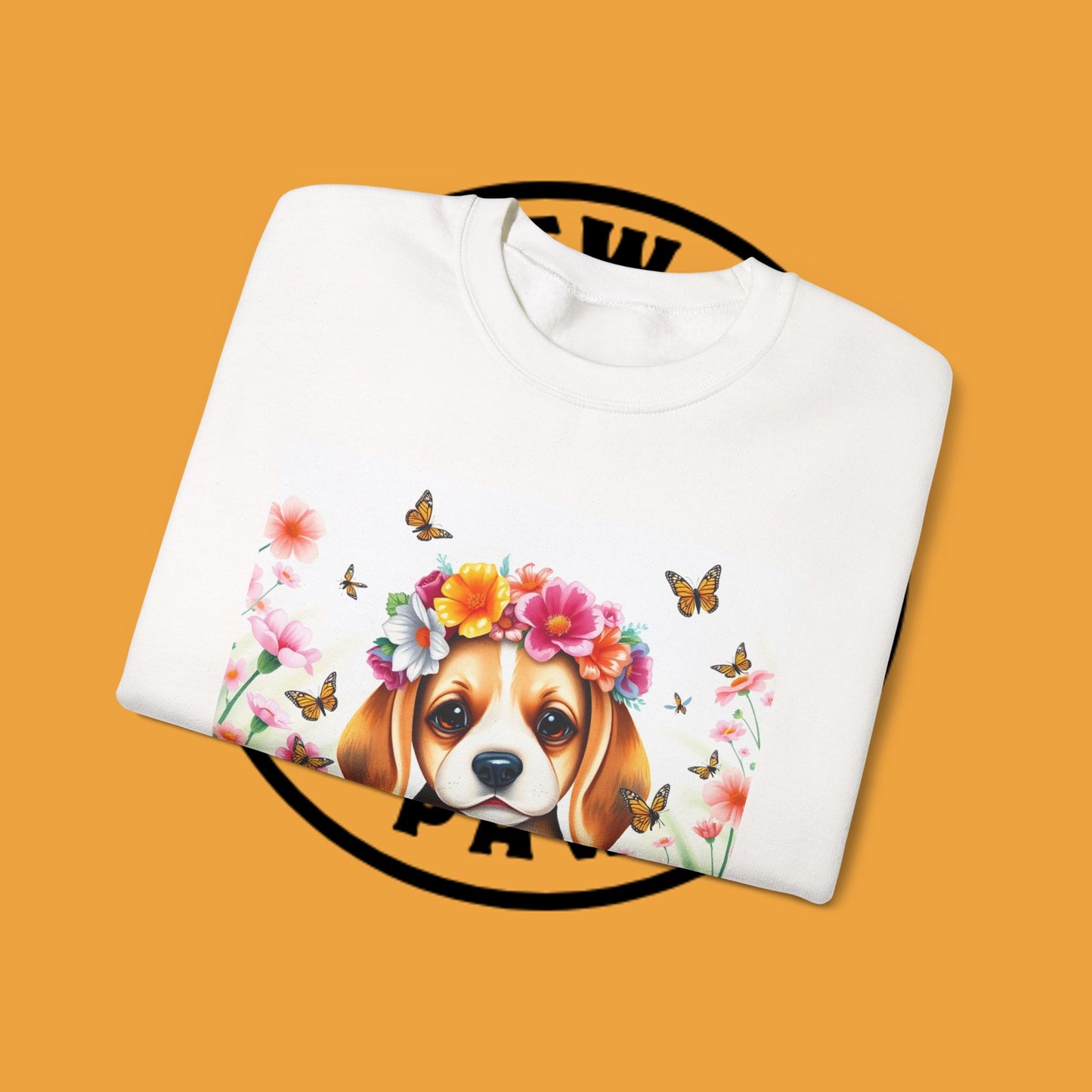 Flower Wreath Dog Crewneck Sweatshirt - Spring Beagle Design with Butterflies