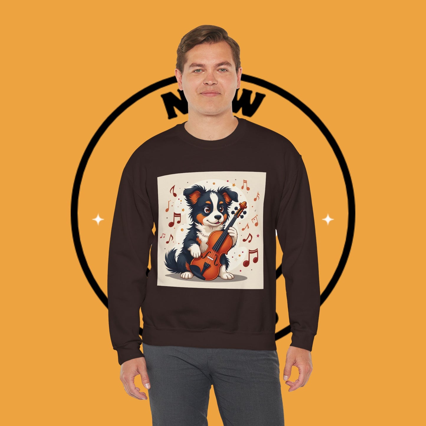 Music Dog Crewneck Sweatshirt - Cute Puppy Violinist with Musical Notes Design | Musician Gift