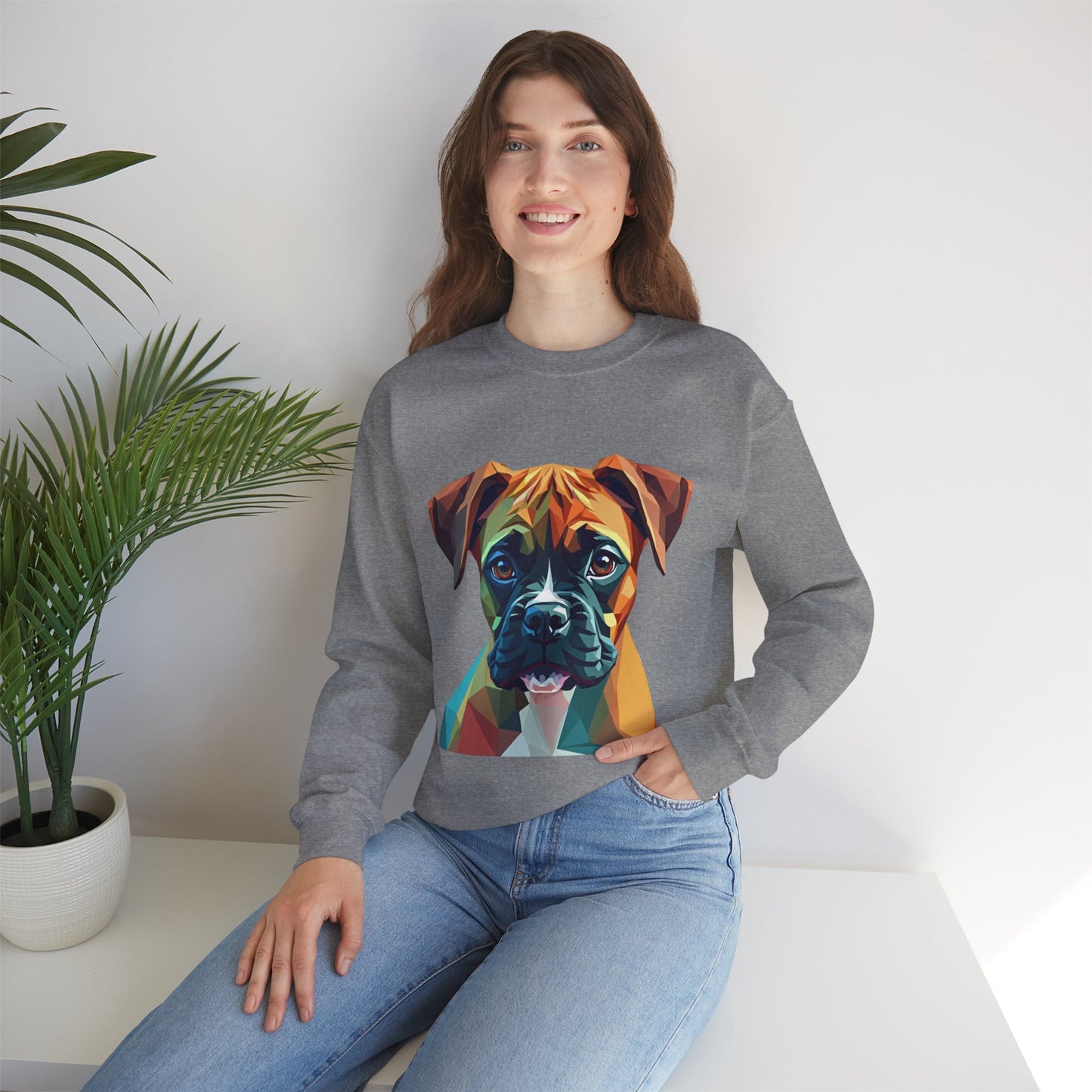 Geometric Boxer Dog Crewneck Sweatshirt - Polygon Art Pet Portrait - Modern Design Lover Gift