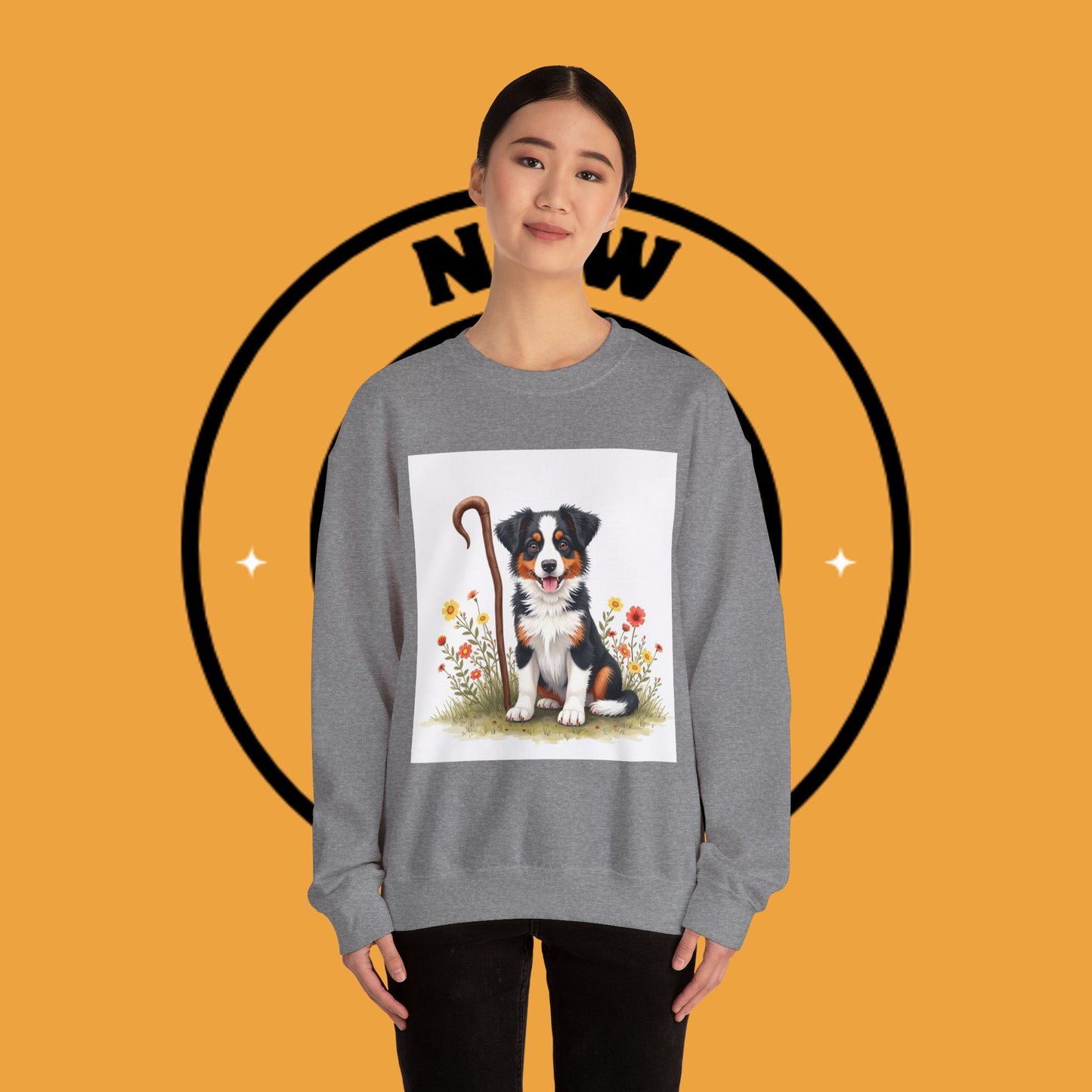 Border Collie Puppy Shepherd's Crook Crewneck Sweatshirt - Pastoral Dog Art | Farm Life Gift