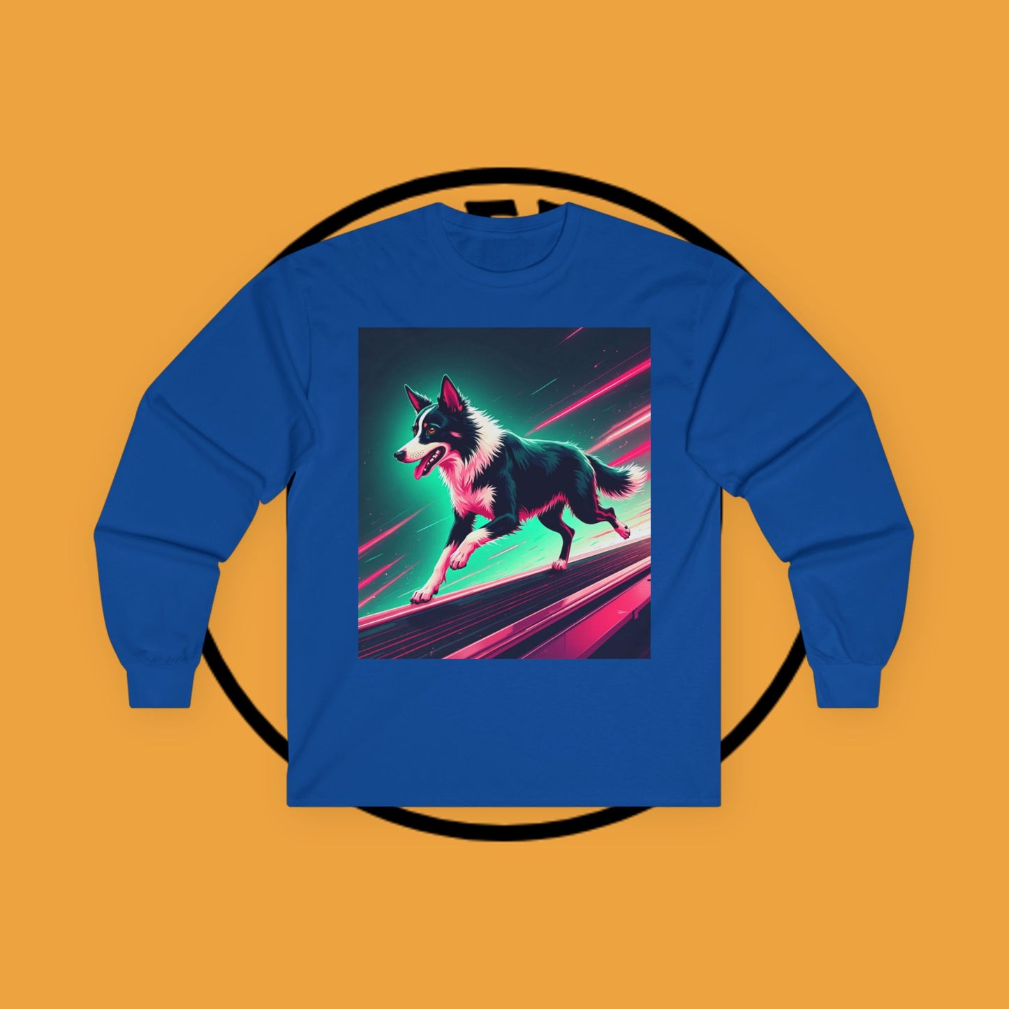 "Neon Speed Dog Long Sleeve Tee - Cyberpunk Running Border Collie Shirt - Futuristic Animal Art Apparel"