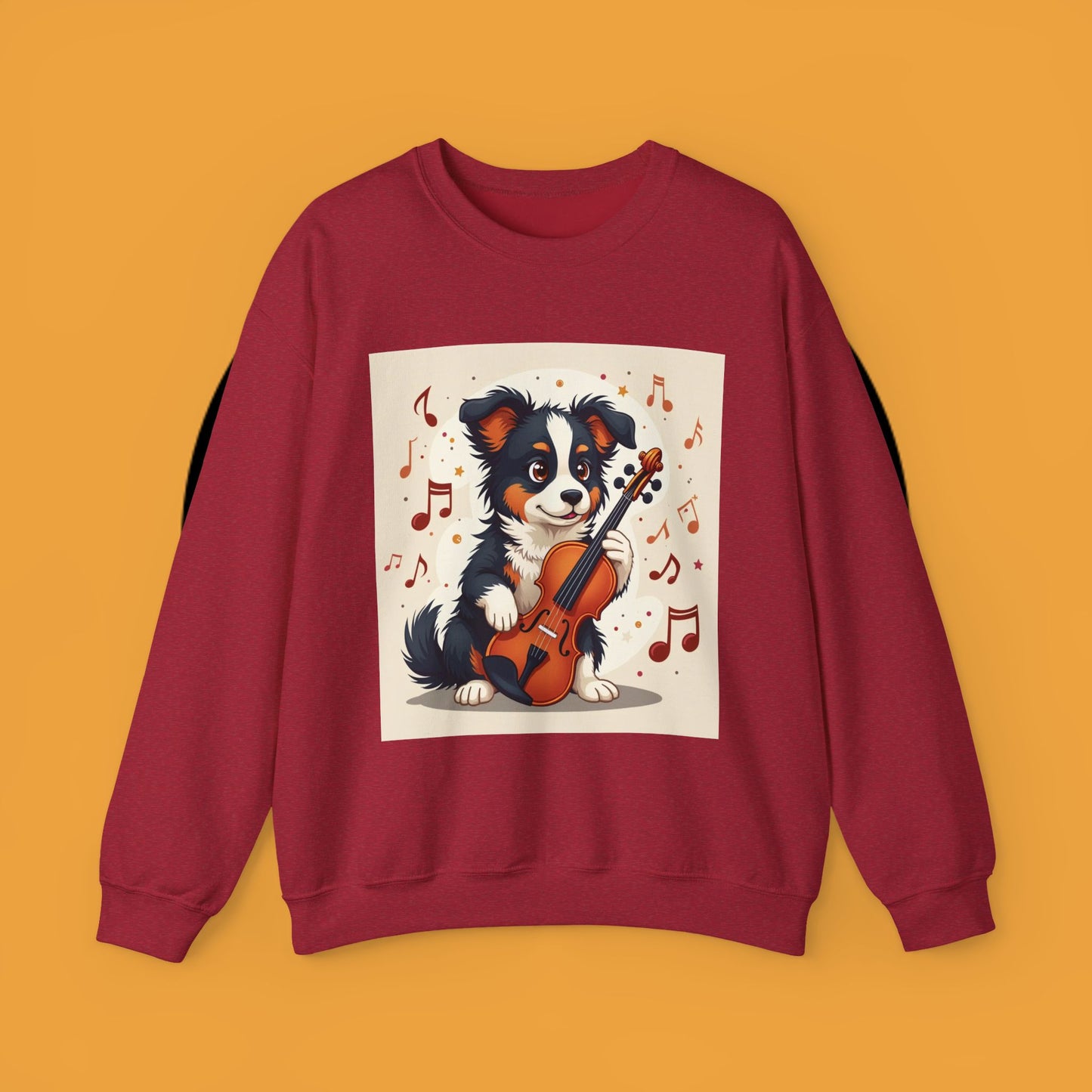 Music Dog Crewneck Sweatshirt - Cute Puppy Violinist with Musical Notes Design | Musician Gift