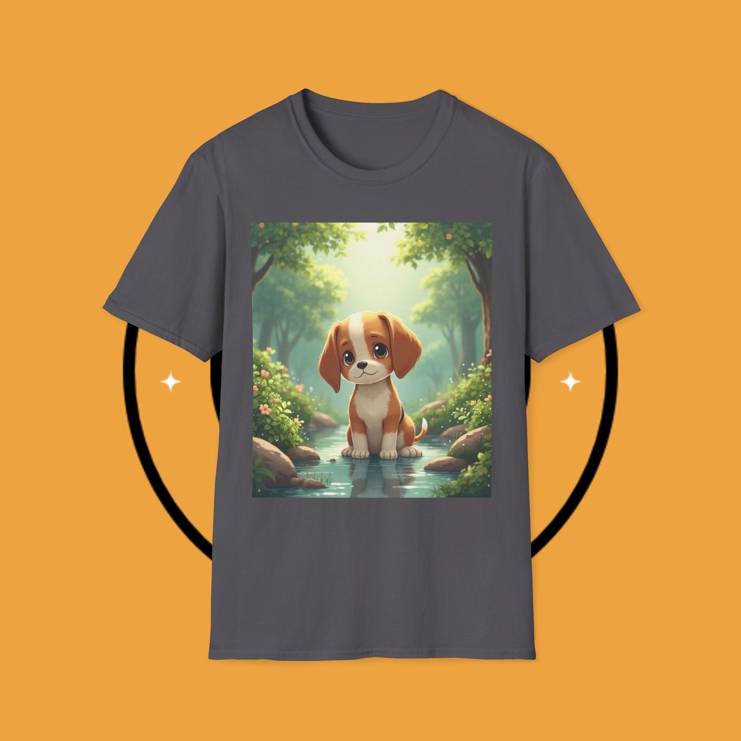 Magical Forest Beagle Puppy T-Shirt - Enchanted Nature Scene with Adorable Dog Design