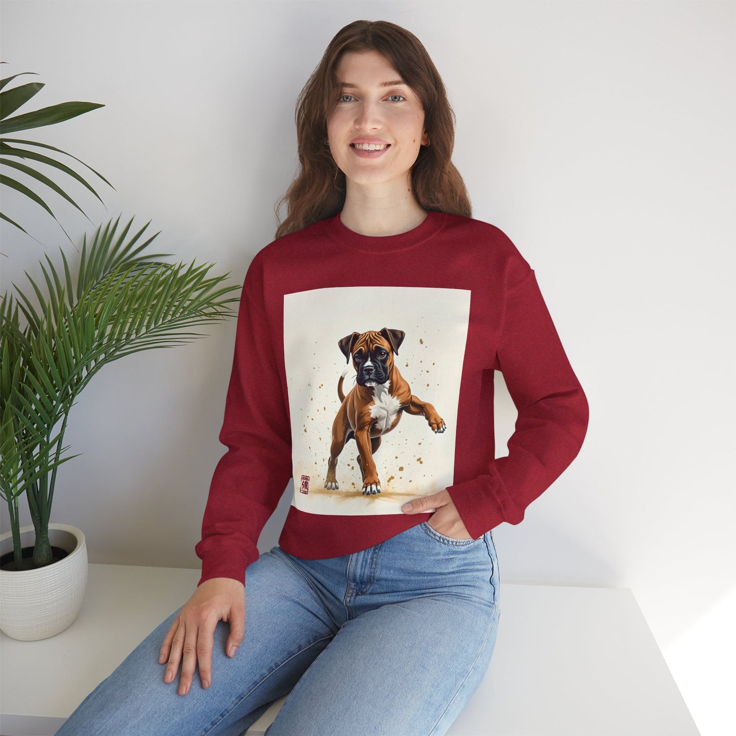 Running Boxer Puppy Crewneck Sweatshirt | Artistic Dog Lover Gift | Dynamic Movement Design