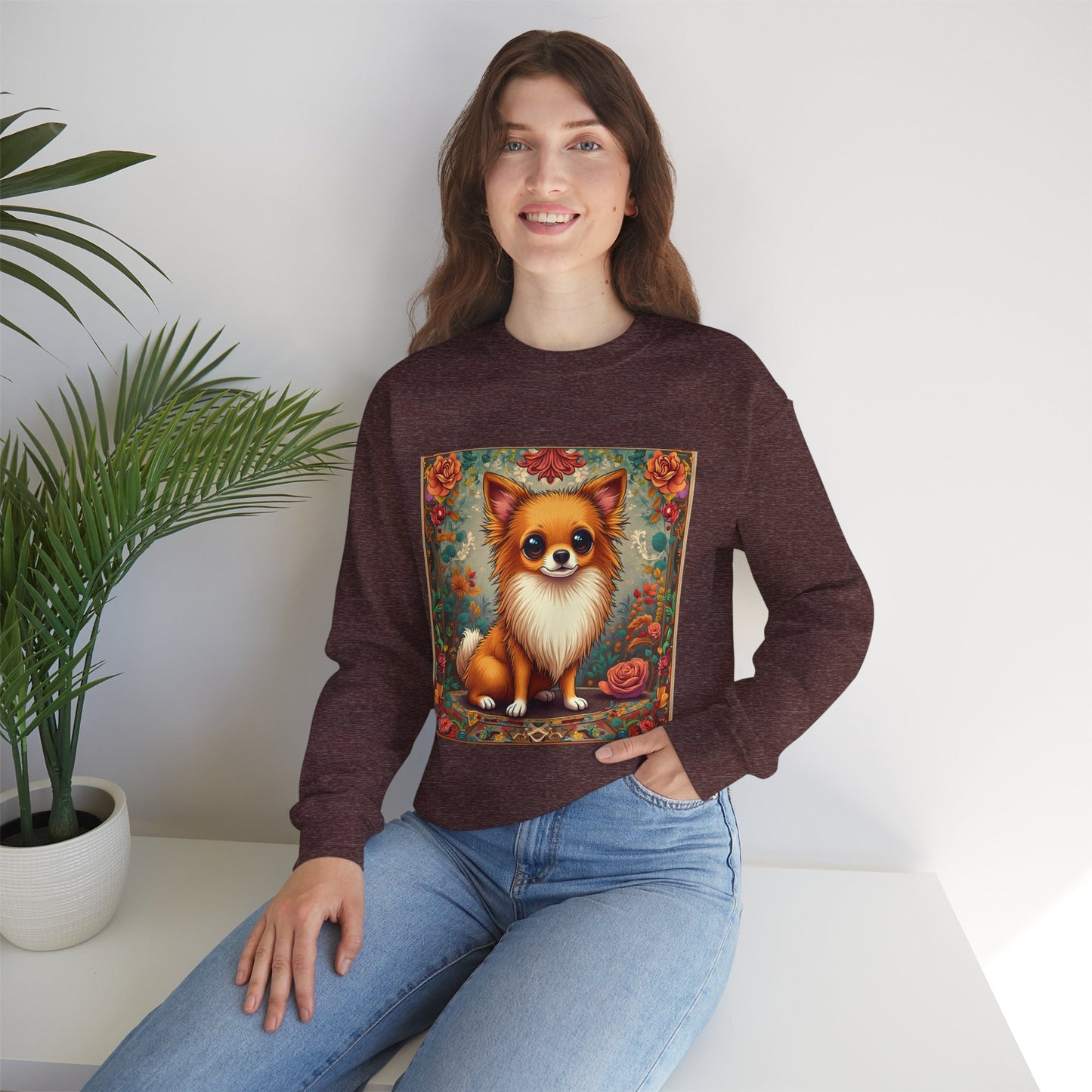 Victorian Chihuahua Garden Sweatshirt | Ornate Floral Dog Portrait | Botanical Pet Art Design