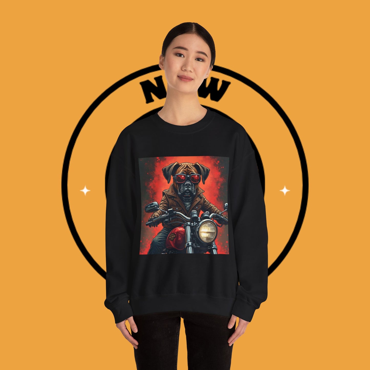 Biker Boxer Dog Crewneck Sweatshirt - Motorcycle Rebel Pup Design - Badass Pet Lover Style