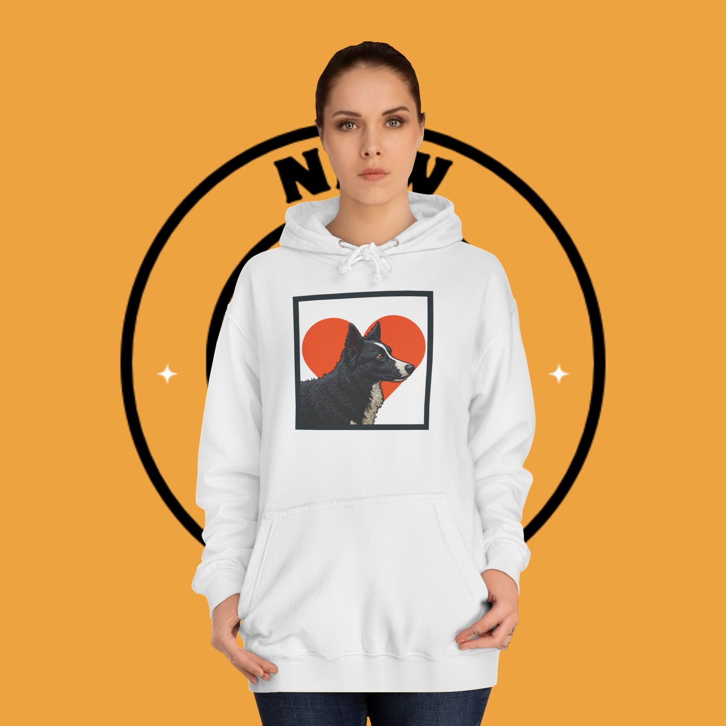 "Black & White Border Collie Portrait Hoodie - Bold Red Heart Background Dog Lover Sweatshirt | Premium Art Design"