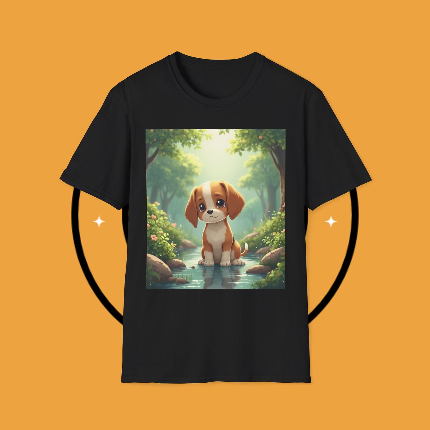 Magical Forest Beagle Puppy T-Shirt - Enchanted Nature Scene with Adorable Dog Design