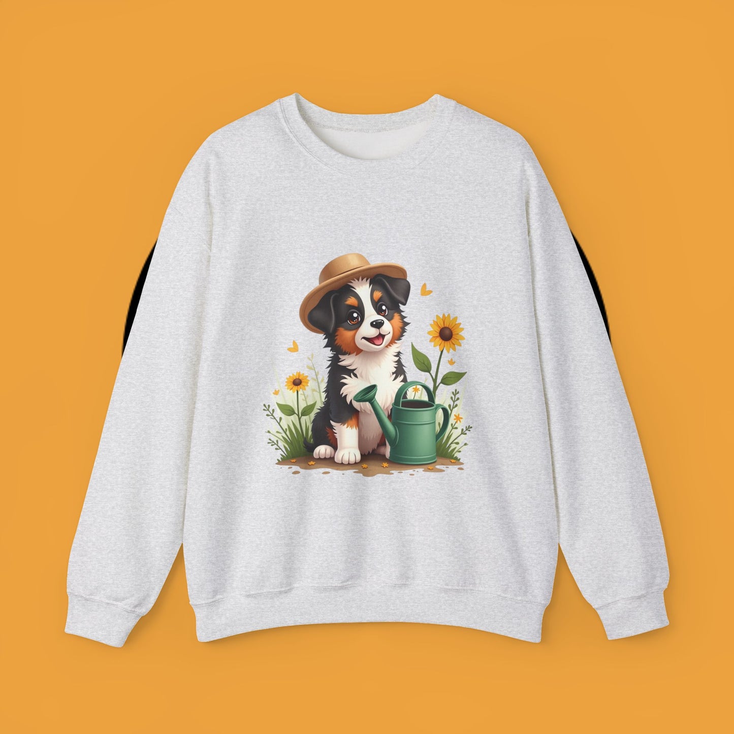 Garden Dog Crewneck Sweatshirt - Cute Puppy Gardener with Sunflowers Design | Green Thumb Gift